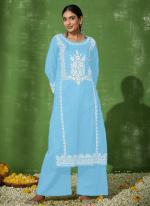 Rayon Sky Blue Casual Wear Chikankari Work Readymade Kurti With Plazzo